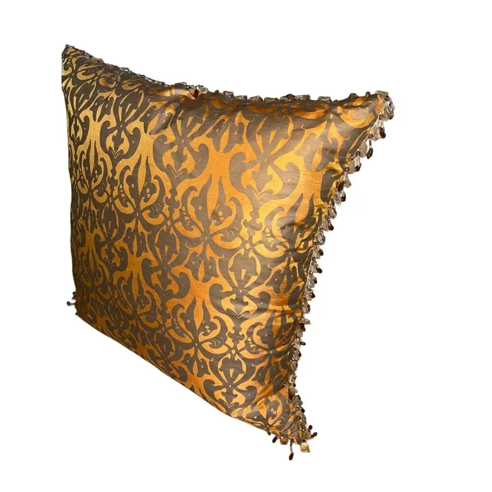 Bronze and gray silk jacquard throw pillow trellis pattern and beaded edge trim